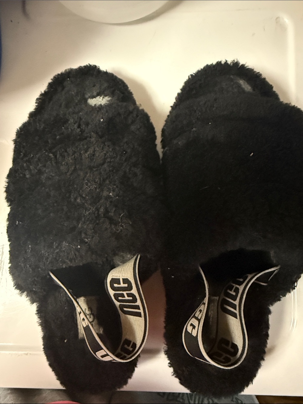 UGG Women’s Black Furry Slide Slippers with Branded Heel Strap
